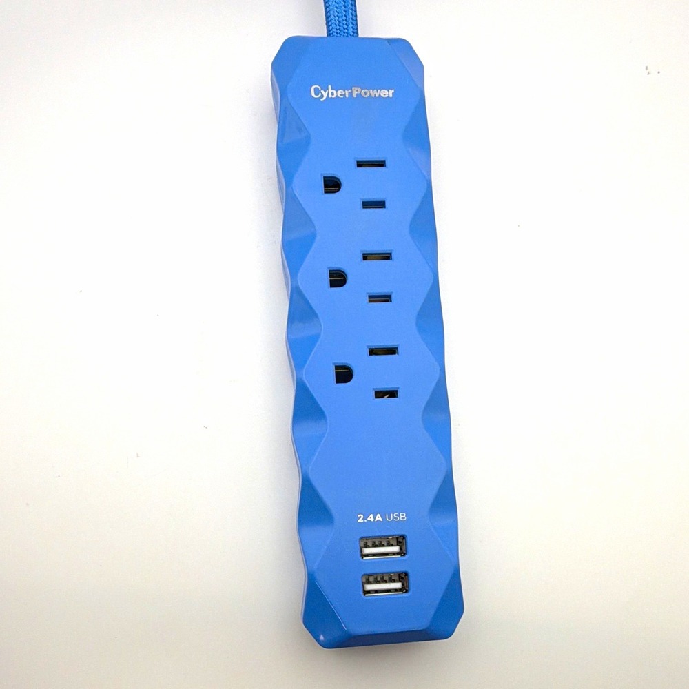 CyberPower CM-21 3 Outlet Power Strip 2 USB 2.4A Extension Cord Blue